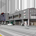 Modern International Commercial Street with Retail Stores Pedestrians and Stone Paved Walkway