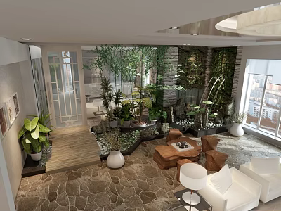 Cozy Lounge Area With Lush Greenery White Sofa Coffee Table And Stone Flooring 3d model