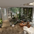 Cozy Lounge Area With Lush Greenery White Sofa Coffee Table And Stone Flooring