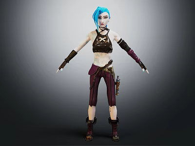 Blue Haired Fantasy Character With Sleeveless Top Striped Pants And Utility Belt 3d model