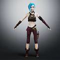 Blue Haired Fantasy Character With Sleeveless Top Striped Pants And Utility Belt