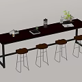 Long Modern Bar Counter With Dark Wood Top Metal Legs Coffee Maker Plants And Stools