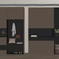 Dark Wood Entryway and Side Cabinet With Clothing Hanger Shoe Storage Potted Plants Small Lamp Books Cushion