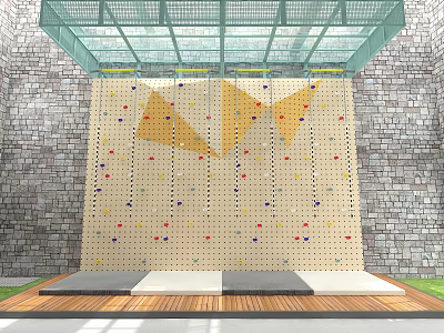 Climbing Wall Sports Equipment with Glass Ceiling Stone Wall Background Wooden Platform and Safety Mats 3d model