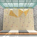 Climbing Wall Sports Equipment with Glass Ceiling Stone Wall Background Wooden Platform and Safety Mats