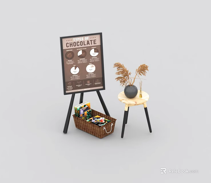 Easel Style Chocolate Display Shelf With Signboard Basket And Decorative Plant 3d model 