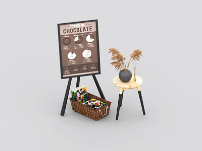 Easel Style Chocolate Display Shelf With Signboard Basket And Decorative Plant 3d model
