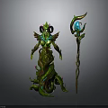 Horned Nature Guardian Creature Design With Plant Like Body And Blue Glowing Vine Staff