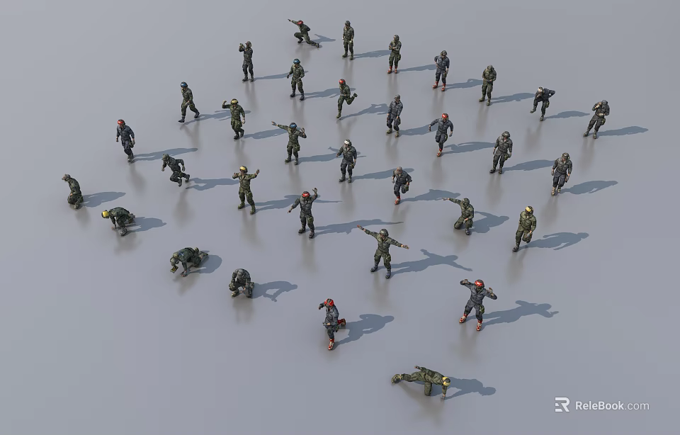 Multiple Action Figures in Various Dynamic Poses Arranged on Gray Surface 3d model