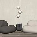 Rounded Leisure Sofa Set Dark Gray Light Beige On Wooden Floor With Hanging Spherical Lights