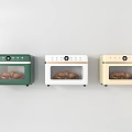 Three Different Colored Kitchen Electric Ovens Green White Beige with Freshly Baked Bread Inside