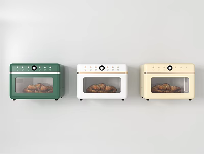 Three Different Colored Kitchen Electric Ovens Green White Beige with Freshly Baked Bread Inside 3d model