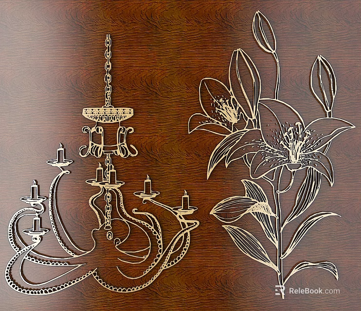 Intricate Carved Wooden Design Featuring Elegant Chandelier And Flower Patterns 3d model 