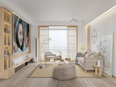 Modern Living Room Interior With Beige Sofa Round Ottoman Wooden Shelf And Potted Plants 3d model