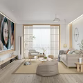 Modern Living Room Interior With Beige Sofa Round Ottoman Wooden Shelf And Potted Plants