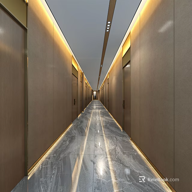 Hotel Corridor With Modern Design Polished Marble Floor LED Strip Lights And Side Room Doors 3d model 