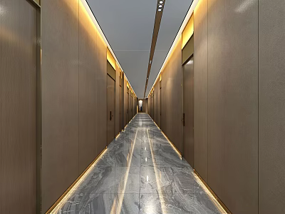 Hotel Corridor With Modern Design Polished Marble Floor LED Strip Lights And Side Room Doors 3d model