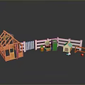 Charming Toy Landscape With Orange House Fence Red Green Trash Cans Dog House And Ball