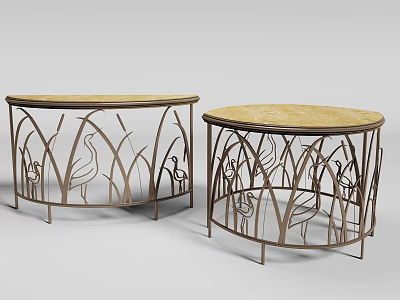 Elegant Console Tables With Metal Frames Bird Reed Patterns And Light Marble Tops 3d model