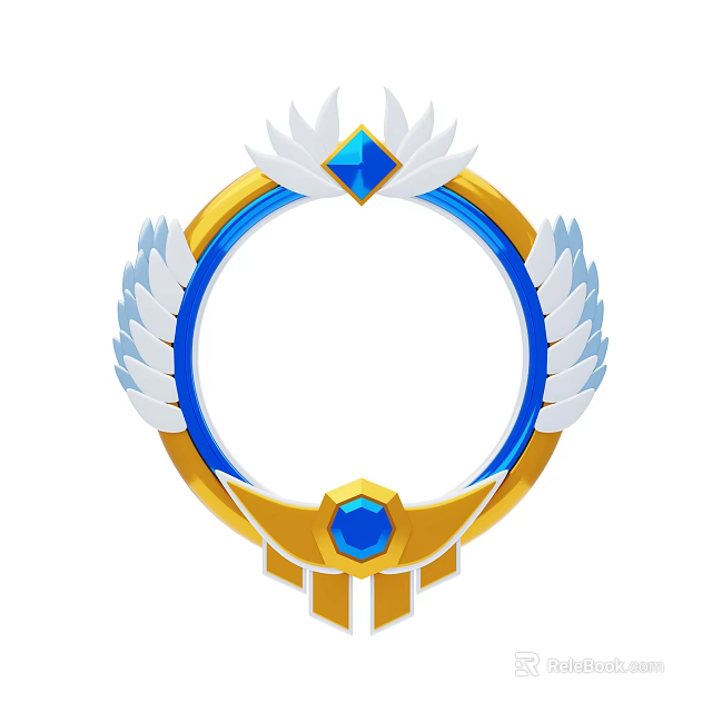 Elegant Gold Circular Frame Decorative Ornament Set With Blue Gemstones And Feathers 3d model 