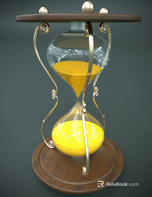 Decorative Ornament Set Featuring Hourglass With Glass Container Yellow Sand Metal Stand And Wooden Base 3d model 
