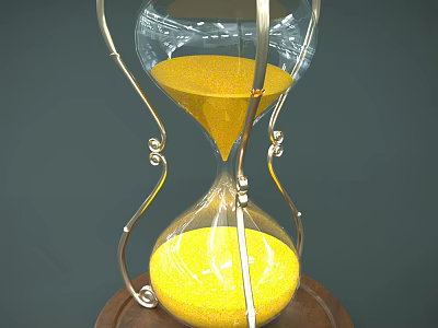 Decorative Ornament Set Featuring Hourglass With Glass Container Yellow Sand Metal Stand And Wooden Base 3d model