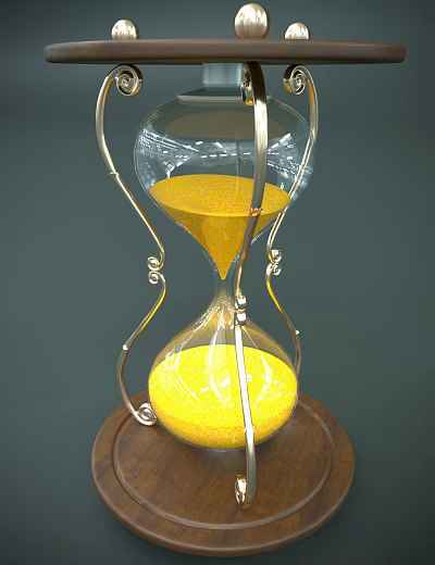 Decorative Ornament Set Featuring Hourglass With Glass Container Yellow Sand Metal Stand And Wooden Base 3d model