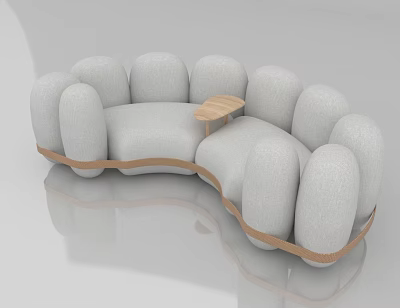 Stylish Curved Sofa with Circular Fabric Cushions Wooden Trim and Small Side Table Light Gray 3d model