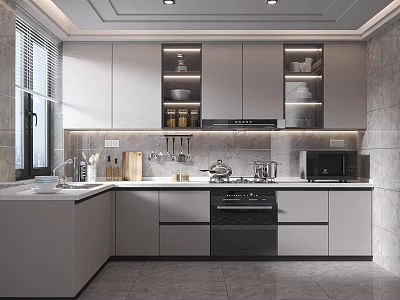 Modern Kitchen Interior Design With White Cabinets Countertop Appliances And Natural Light 3d model