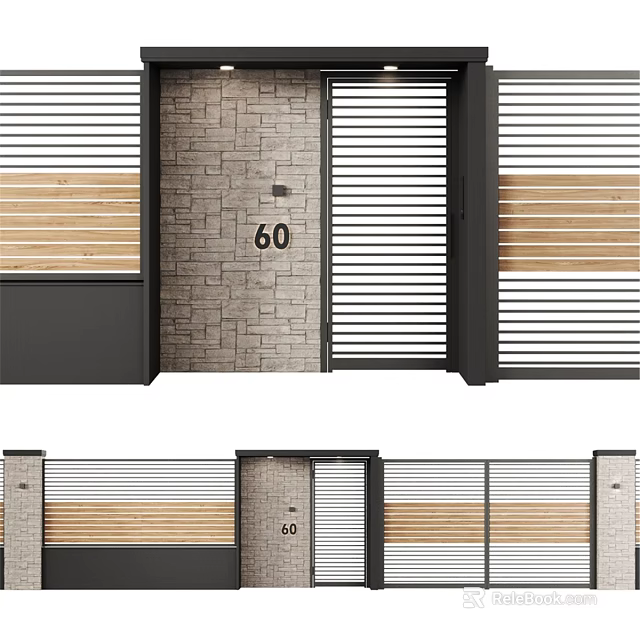 Modern Building Components Featuring Brick Wall Wooden Slats And Metal Grilles 3d model 