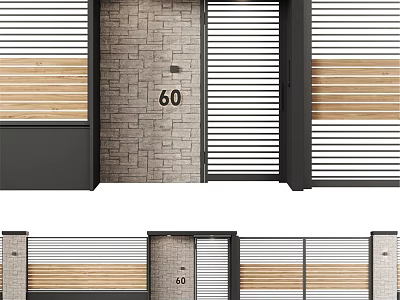 Modern Building Components Featuring Brick Wall Wooden Slats And Metal Grilles 3d model