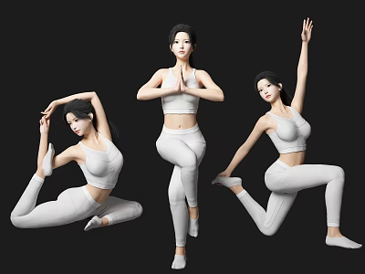 Woman Practicing Yoga in White Activewear With Various Poses on Black Background 3d model