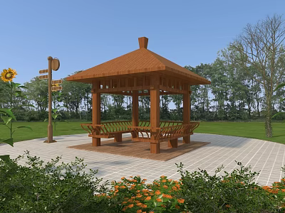 Wooden Garden Pavilion With Green Grass Trees Sunflower Signpost And Brick Floor 3d model