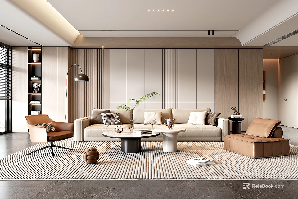 Modern Living Room Interior Design With Beige Sofa Brown Armchair And Striped Rug 3d model 