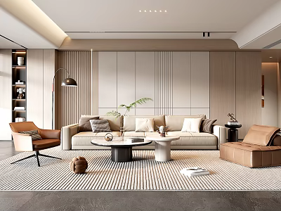 Modern Living Room Interior Design With Beige Sofa Brown Armchair And Striped Rug 3d model
