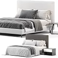 Modern Double Bed with Gray and White Bedding Multiple Pillows and Side Nightstand 3d model