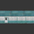 Small House With Blue Roof Green Door Wooden Walls And Windows Reflection