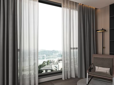 Elegant Gray Sheer Curtains Living Room With Scenic View Floor Lamp And Accent Chair 3d model