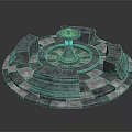 Circular Stone Constructed Fountain With Central Blue Basin Surrounding Steps And Slab Floor