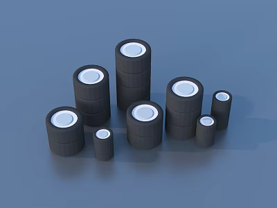Different Sizes Black Cylinders With White Tops Arranged On Blue Background 3d model