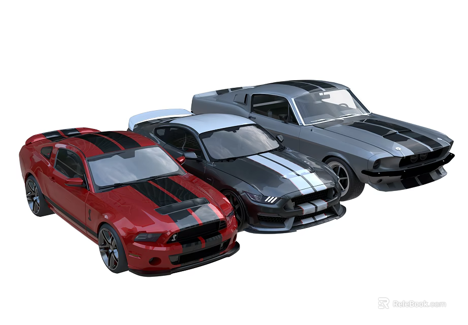 Three Stylish Sports Cars in Red Black and Silver with Racing Stripes Design 3d model 