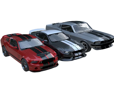 Three Stylish Sports Cars in Red Black and Silver with Racing Stripes Design 3d model