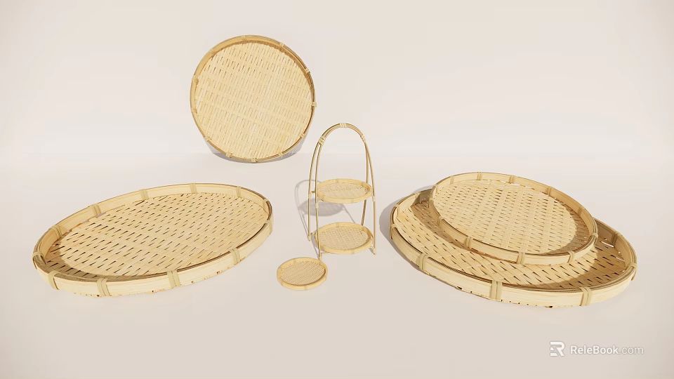 Handwoven Bamboo Household Items With Round Trays Stand And Various Sizes 3d model 
