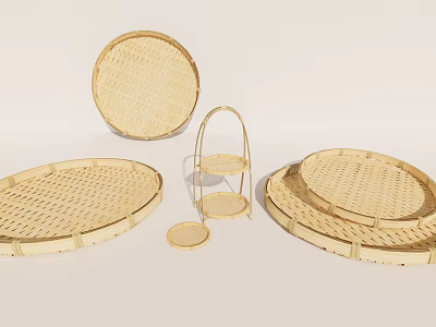 Handwoven Bamboo Household Items With Round Trays Stand And Various Sizes 3d model
