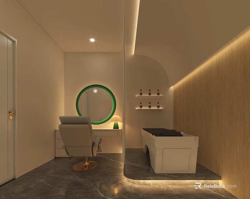 Modern Beauty Salon Interior With Round Mirror White Chair Wooden Textured Wall And White Tub 3d model 