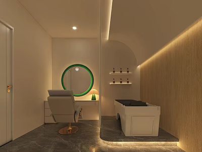 Modern Beauty Salon Interior With Round Mirror White Chair Wooden Textured Wall And White Tub 3d model