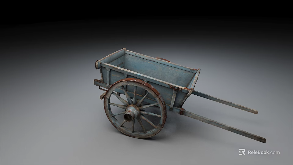 Old Blue Wooden Wheelbarrow With Rusted Large Wheel And Worn Design 3d model 