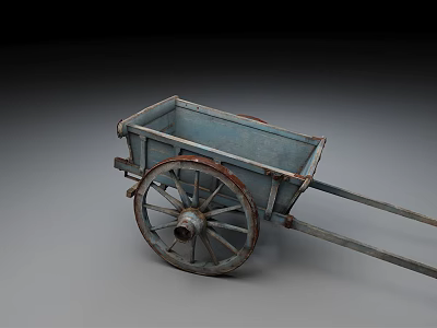 Old Blue Wooden Wheelbarrow With Rusted Large Wheel And Worn Design 3d model