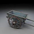Old Blue Wooden Wheelbarrow With Rusted Large Wheel And Worn Design