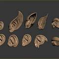 Golden Human Ear Models In Various Shapes With Glossy Surface And Black Background Reflections